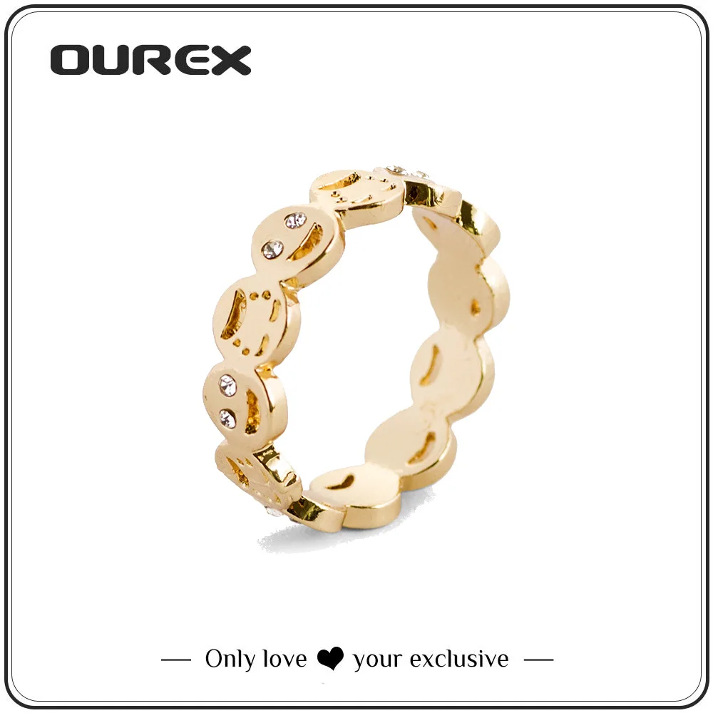 OUREX  Happy Smiley Face Rings for Women Cute Golden Rhinestones Expression Rings Personality Female Fashion Jewelry Wholesale