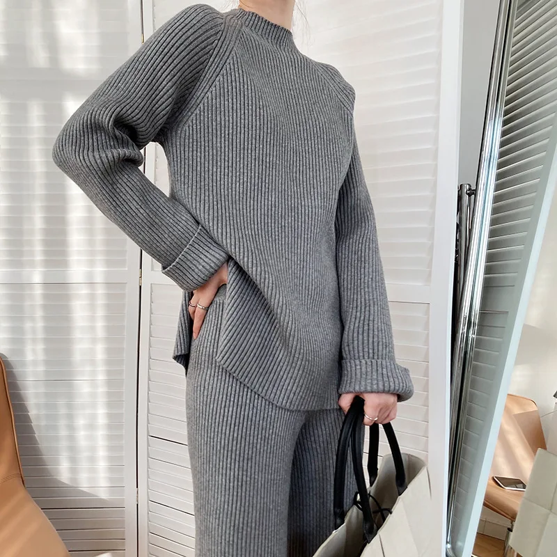 

England Style Women's Sweater Sets Loose Solid Split Hem Pit Pullover Sweaters Wide Leg Pants Matching Set Autumn Winter