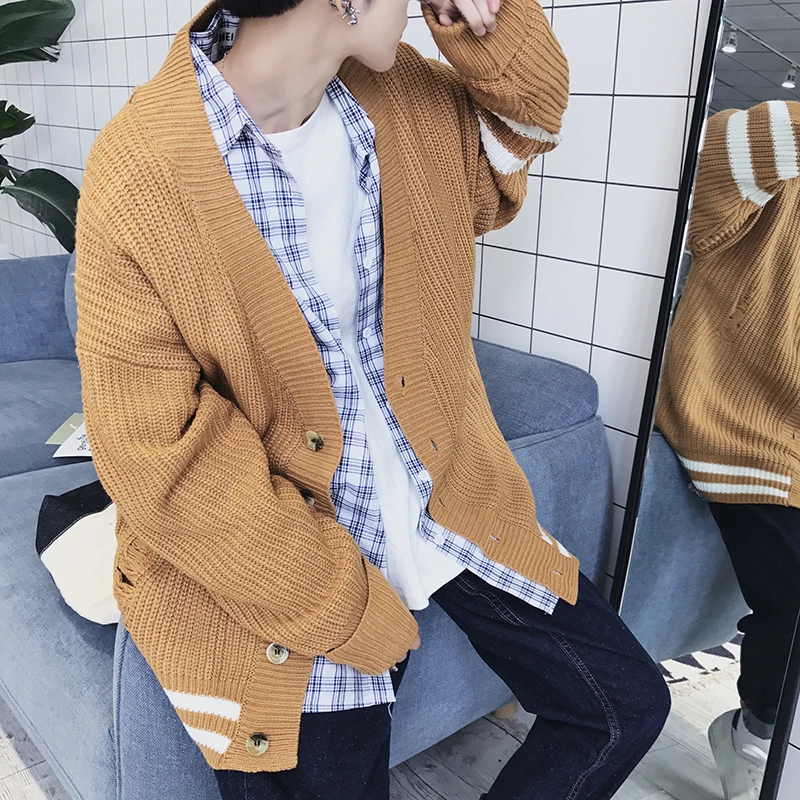 2019 мужской шерстяной вязаный Свободный кардиган с v-образным вырезом и дырками