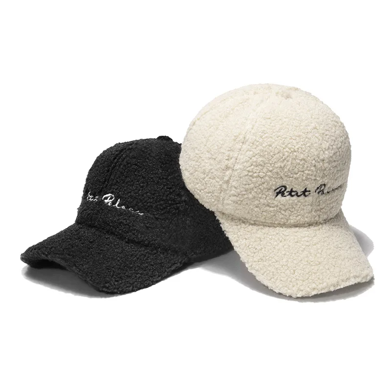 

New Lamb Fur Hats Female Autumn Winter Korean Version Tide Letter Warm Cap Plush Baseball Caps Winter Baseball Cap