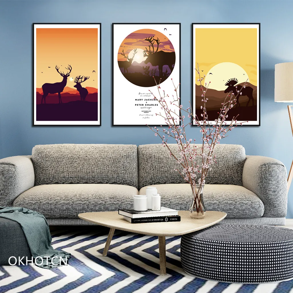 Скандинавский мультяшный пейзаж с оленем холст картина современное животное