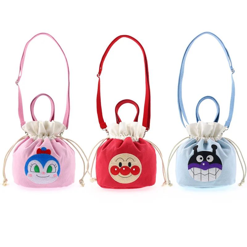 New Anpanman Messenger Bag Canvas One-shoulder Drawstring Handbag Bucket Bento Lunch Box Bag Snack Child Storage Bag Girl 2021