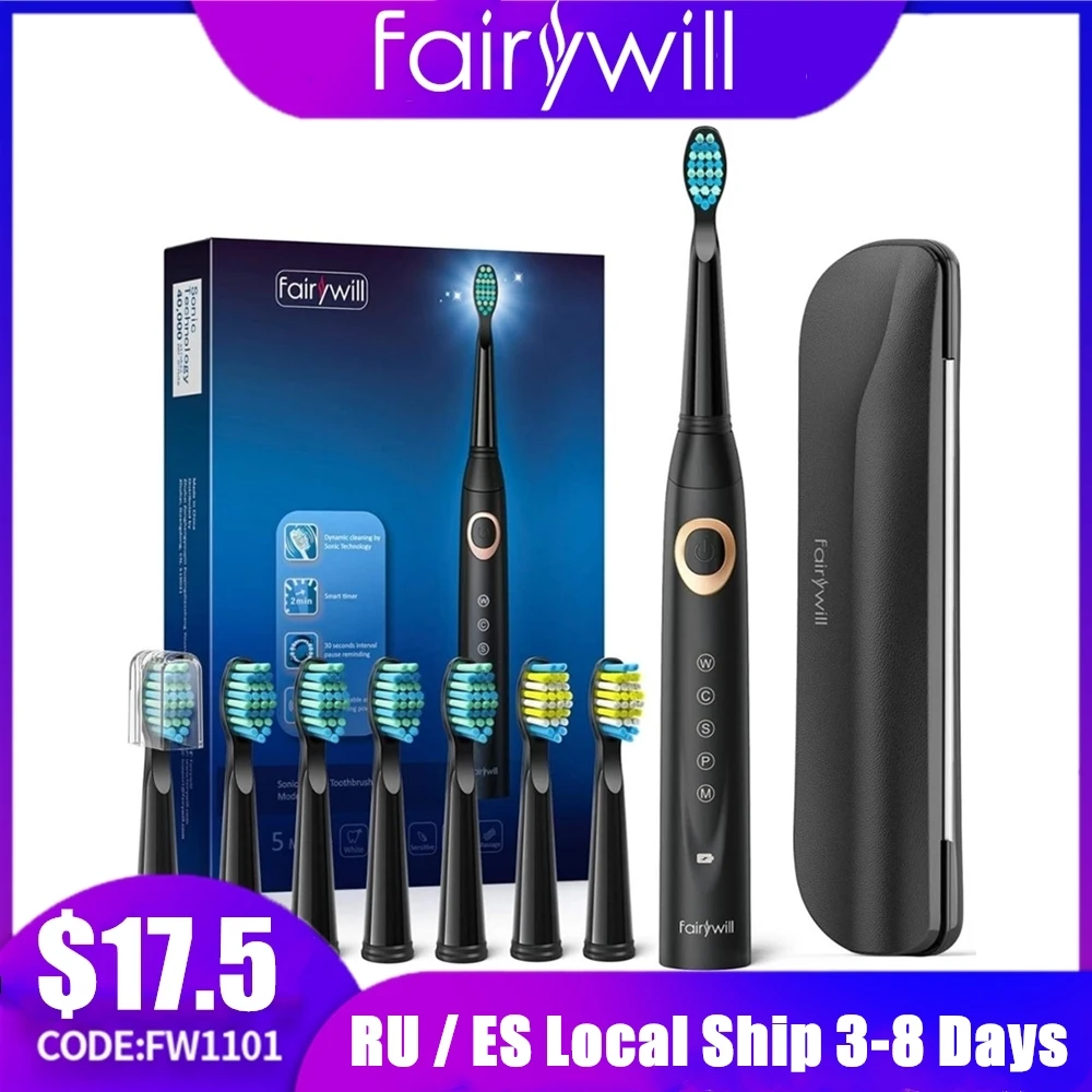 Escova de Dentes Cabeças para Adultos Fairywill Sonic Elétrica Recarregável Temporizador Escova 5 Modos Carga Rápida 8 Fw-508