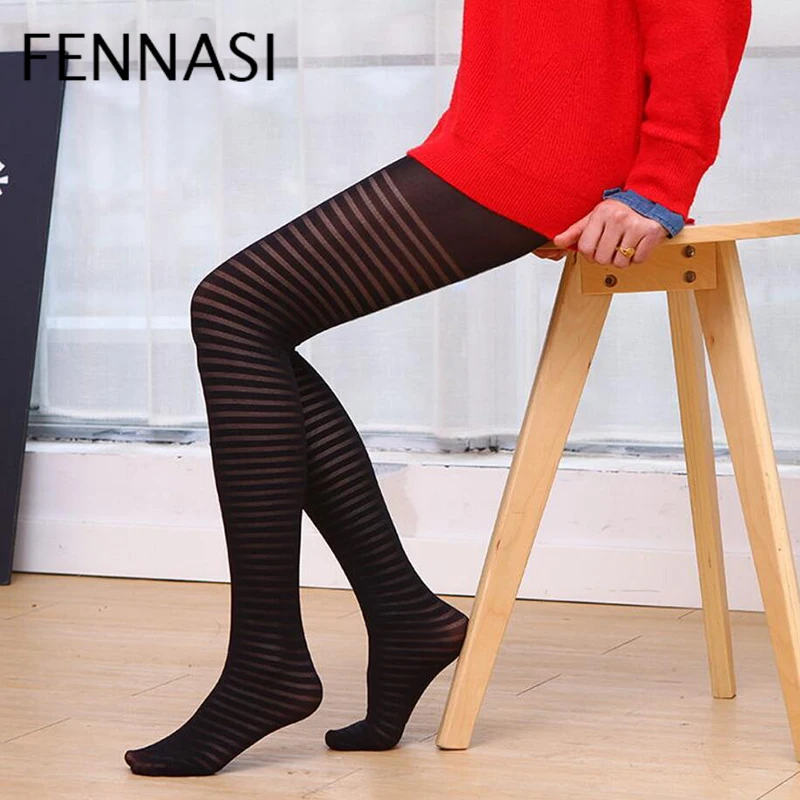 Женские колготки в полоску FENNASI черные винтажном стиле на весну и осень | Женская