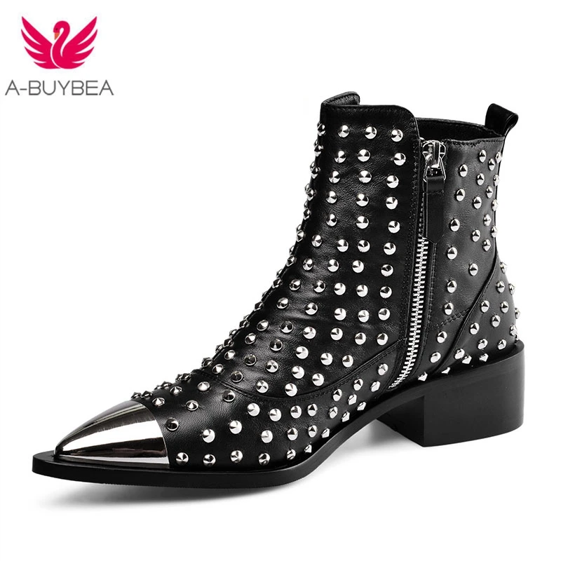 Ботильоны женские с заклепками натуральная кожа модная брендовая обувь сандалии