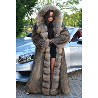 fursarcar luxurious winter fur coat women real natrual raccon dog fur jacket with hood 130cm x long plus size 2021 new