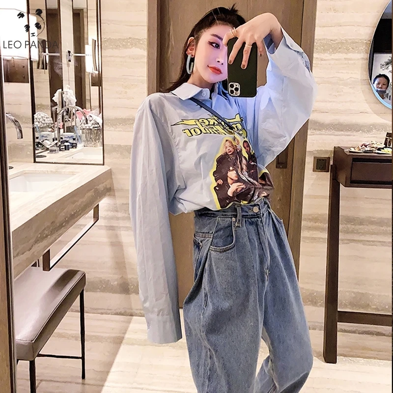 

Новинка 2020, летняя блузка, рубашка, женские хлопковые рубашки с длинным рукавом и принтом лица, женские топы, женская одежда