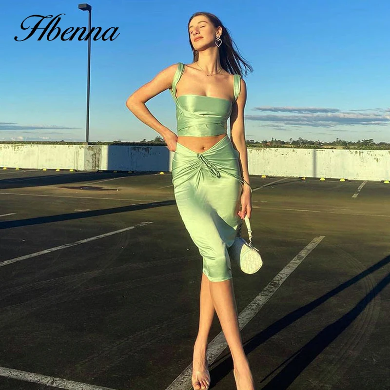 

Hbenna Green Two Pieces Sets Women Satin Summer Crop Top and Skirts Sets Knee-Length Skirts Elegant Fashion Solid Lace up Sets