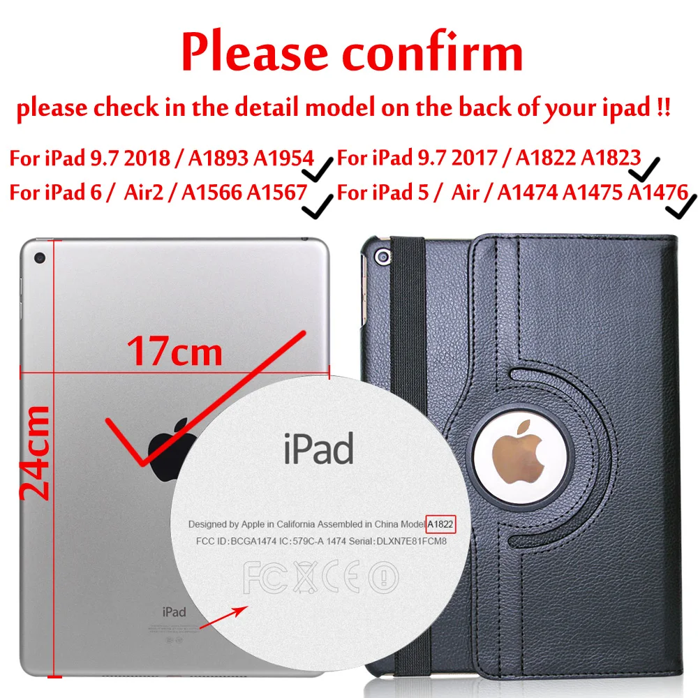 Чехол для iPad 9,7 360 вращения смарт-Авто Режим сна/Пробуждение обложка чехол для iPad 5/6/iPad Air/Air 2 чехол s - Цвет: Rotation Black