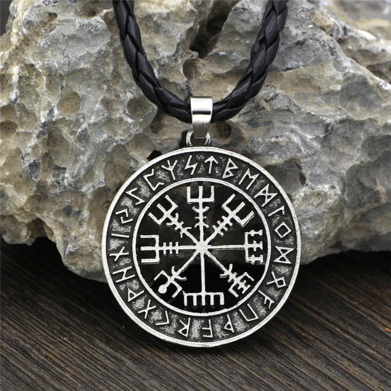 A Silver Leather Викинг норвежский шлем ужас в руническом круге ожерелье магические столбы скандинавский компас Рунический амулет колье с подвеской с цепочкой - Окраска металла: A Silver Leather