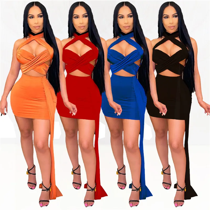 

KEXU Nightclub Party 2 Sets Bandage Lace Up Hollow Out Sexy O Neck Top and Package Hip Slim Skirts Casual Summer Women Outfits