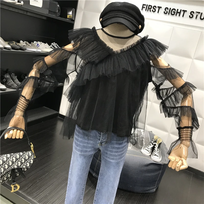 ALPHALMODA с длинным рукавом перспектива сексуальные женские осенние блузки с v-образным воротником гофрированные рукава Дамская мода шифоновый наряд рубашка