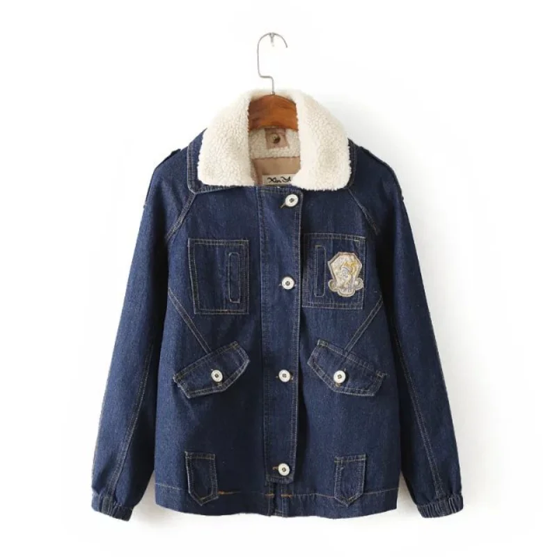 

Женская джинсовая куртка со съемной подкладкой, повседневная утепленная кашемировая куртка в Корейском стиле с отложным воротником и ярлы...