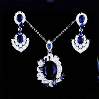 kofsac exquisite blue crystal full zircon necklaces 925 sterling silver earrings for women wedding jewelry set bride accessories