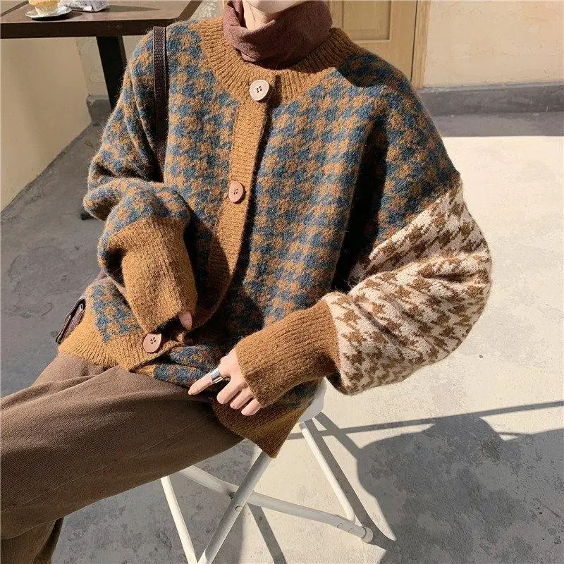 

Winter 2020 Korean Version Khaki Loose Knitting Houndstooth Cardigan Sweater Jacket Women Retro Hit Color Cardigan Sweater Women