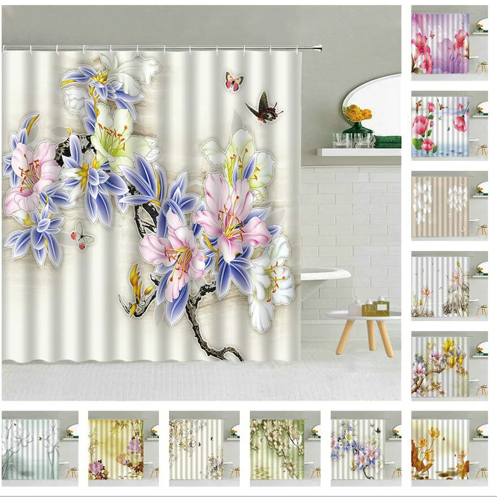 

Занавеска для душа с китайским цветочным принтом, занавеска для ванной с рисунком пиона, лотоса, бабочки, стрекозы, красивый весенний пейзаж...
