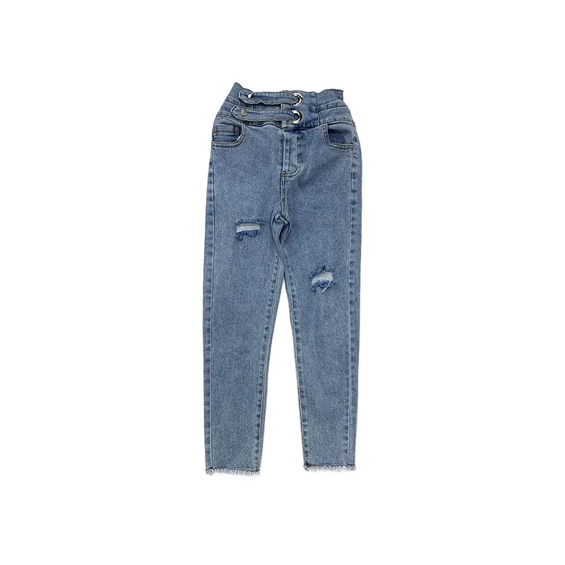 

Girls' jeans 2021 spring new children's self-cultivation ripped high-waisted pencil feet pants
