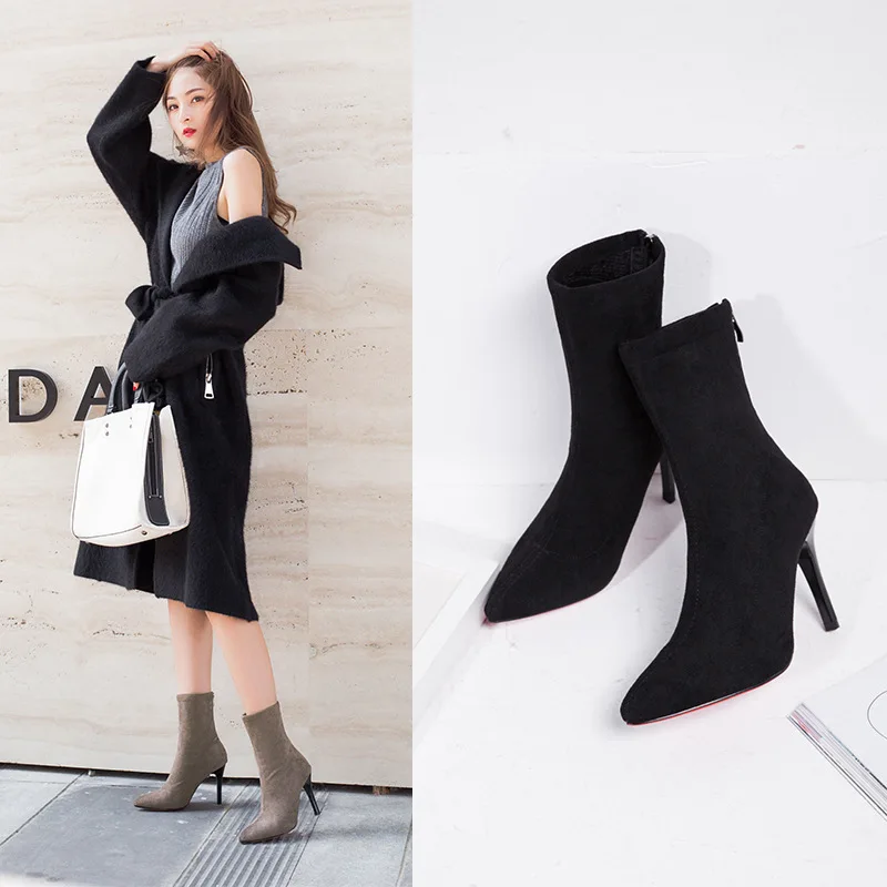 

medium shoes boots autumn and with winter Korean pointed Women's high-heeled black thin leg elastic boots and thin heel