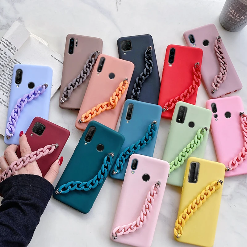 

Silicone Chain Bracelet Wriststrap Phone Case For Huawei P40 P30 P20 Lite P Smart Pro Plus 2021 2020 2019 Soft Tpu Matte Cover