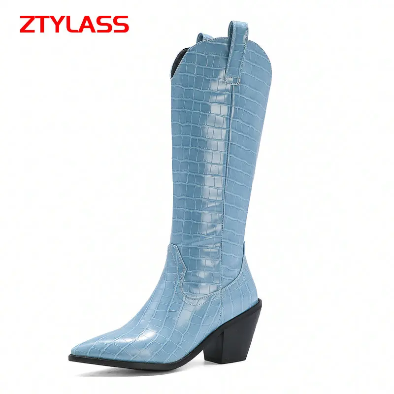 

Blue Black Women Boots Fashion Knee High Boots Sqaure High Heel Long Boots Slip On Pointed Toe Western boots Autumn Winter Shoes