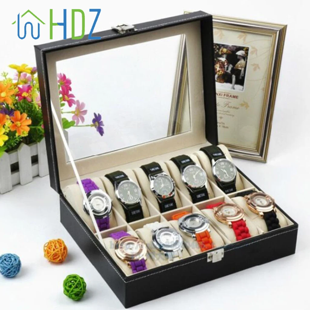 

10 Grid Vintage Leather Case, Men's and Women's Watch Display Stand, with Soft Leather Pillows, Bracelet Glass Top Storage Box
