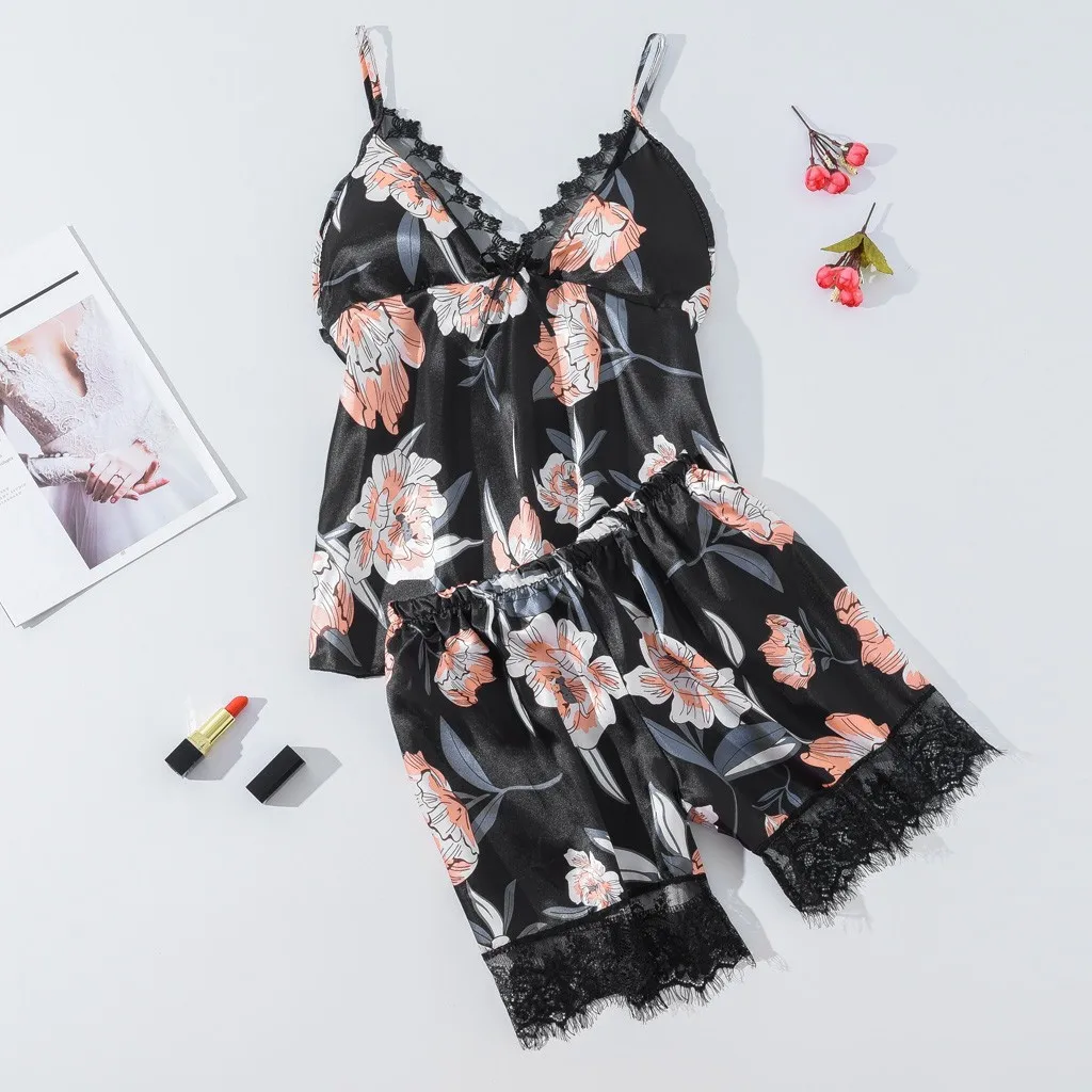 

Pajamas For Women Flower Print Satin Sexy Lingerie Cute Bow Camisole And Shorts Lace Sleepwear For Ladies Pijama Mujer Pyjamas