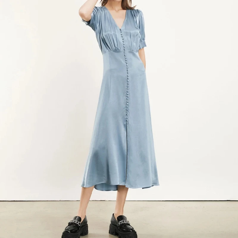

Women V-Neck Midi Dress Ladies 2021 Spring Summer Short Sleeve Single-breasted High Waist Slim Long Dresses
