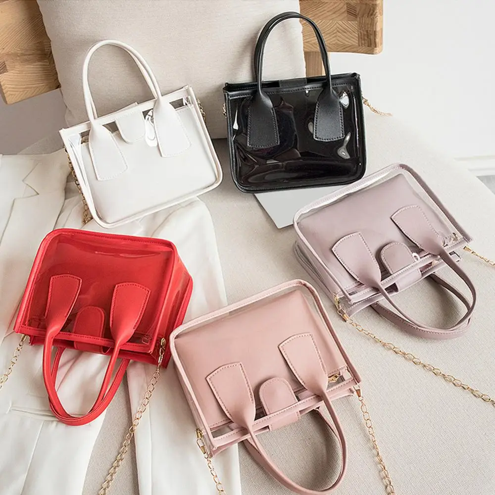 

2pcs Transparent Bags for Women Shoulder Bag Small Chain Jelly Handbag Phone Fashion Solid Travel Crossbody Handbags 2020
