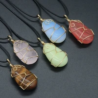 natural stone necklace simple gold color wire wrap polished stone for women fashion necklace jewelry party gifts