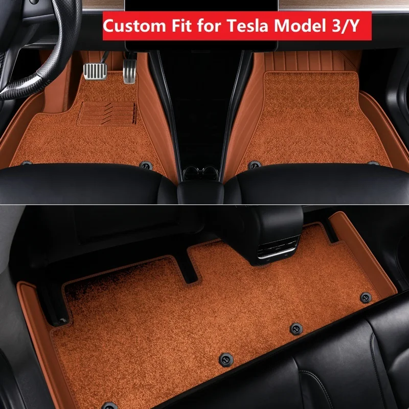 

Tesla Model 3 Custom Fit Car Accessories Floor Mat Interior ECO Material For Tesla Model y Double Layers Real Leather Brown