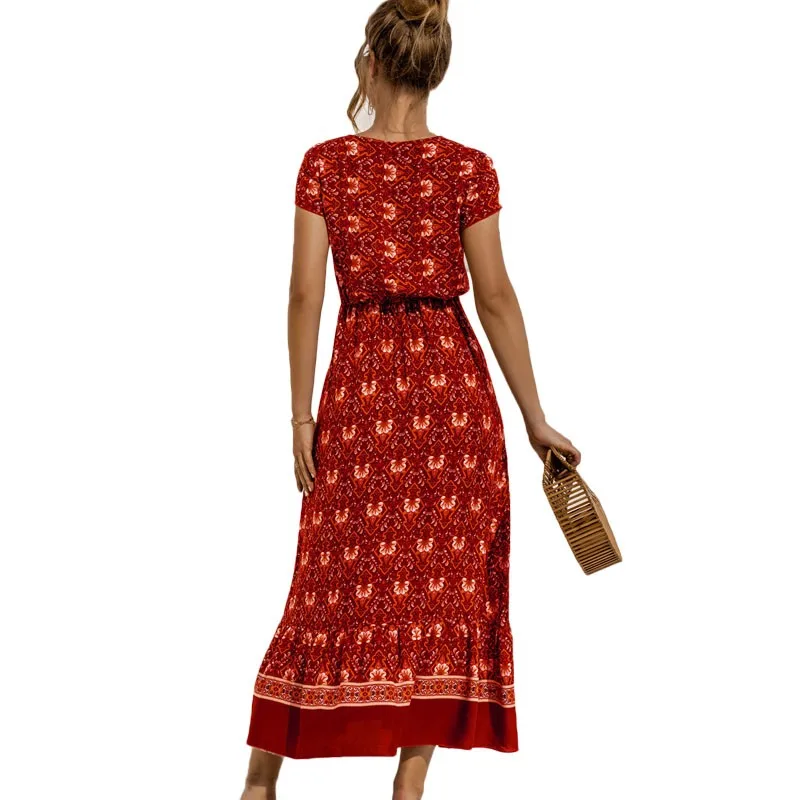 

Women Summer Boho Dress Bohemian Maxi 2021 Casual V-neck Short Sleeve Button Floral Print Long Beach Dress Vestidos