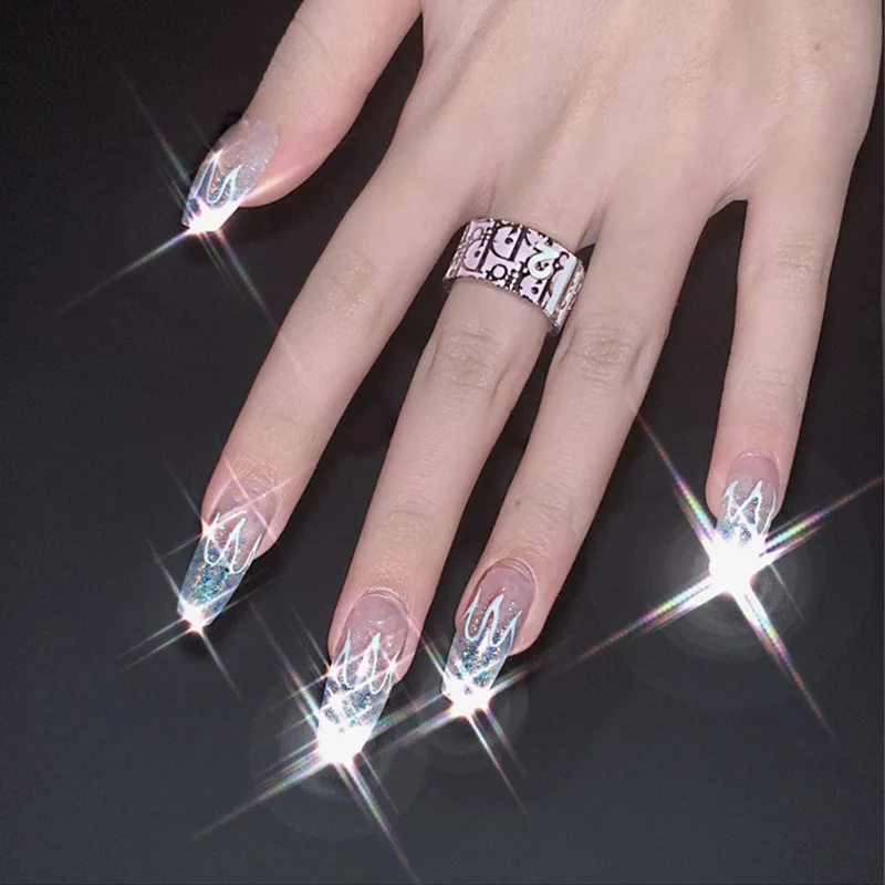 

24Pcs Shiny Flame False Nails Fire Pattern Press On Nails Fake Nail Tips For Women Artificial Nails Manicure Nail Press On Tips