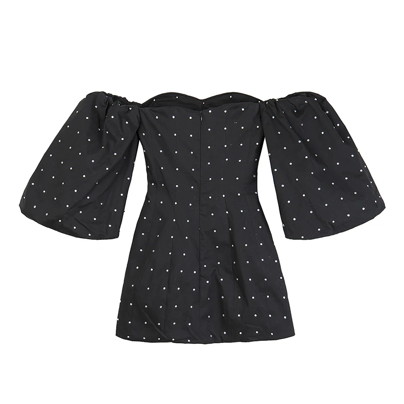 CHICEVER Diamonds Patchwork Women Dress Off Shoulder Slash Neck Half Sleeve High Waist Slim Mini Party Dresses Female New