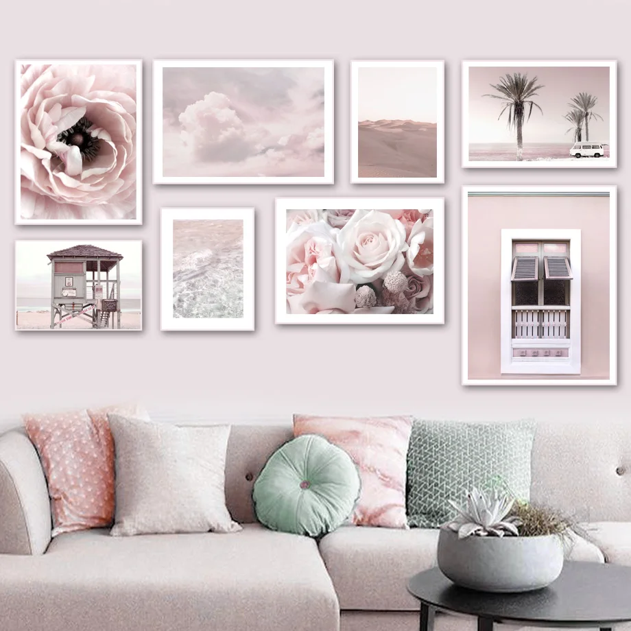 

Pink Flower Window Cloud Beach Dune Palm Wall Art Canvas Painting Nordic Posters And Prints Wall Pictures For Living Room Decor