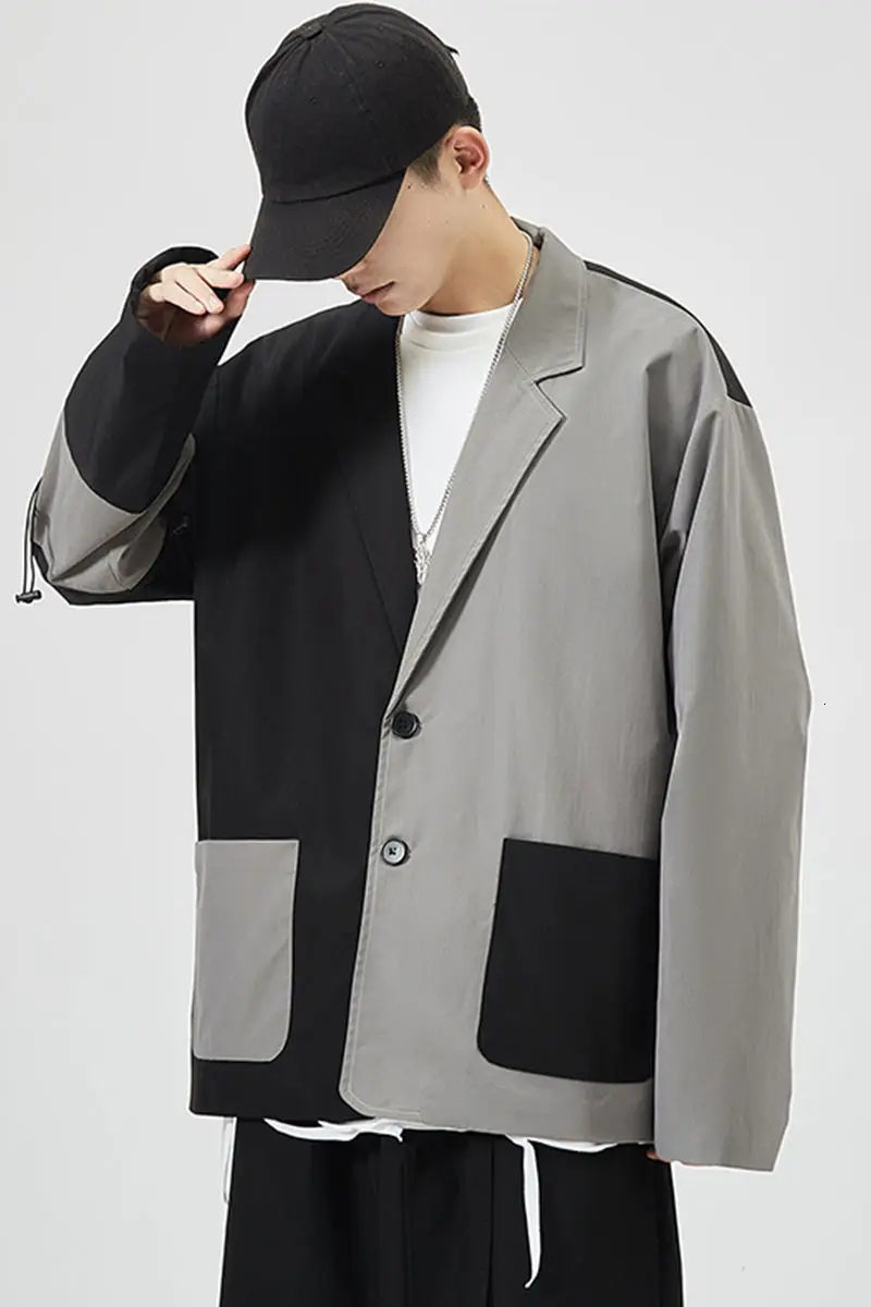 

IEFB /men's wear 2021 spring new casual color block patchwork large size suit coat for male oversize drawtrings long lseeve 3713