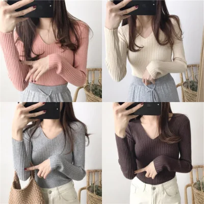 Spring Fashion V-neck Sweater Solid Women Long Sleeve 2022 Autumn Winter Clothes Knit Slim Warm Sexy Pullover | Женская одежда