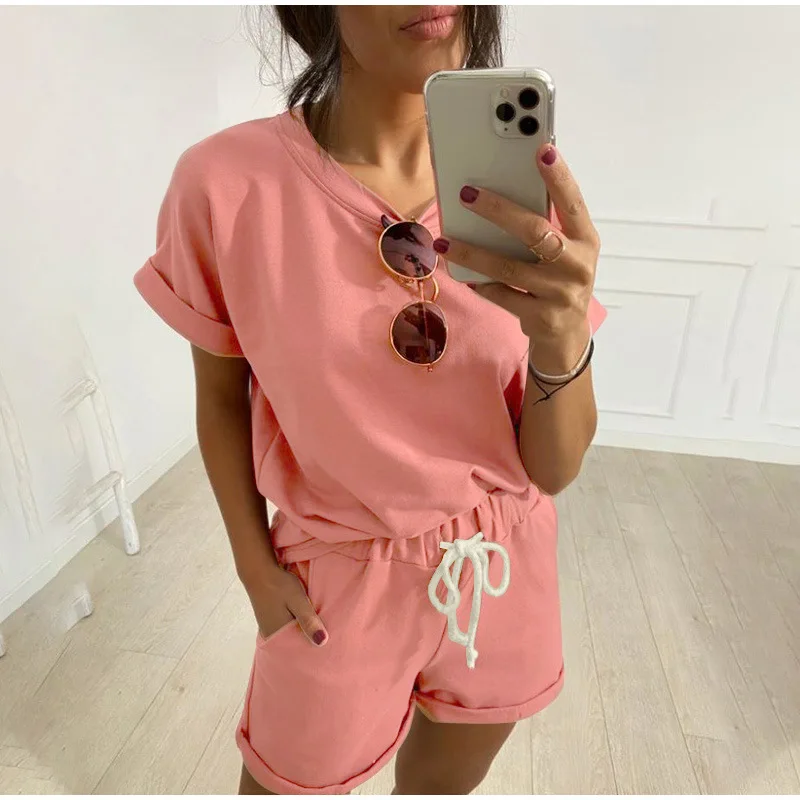 

New Women O-Neck Short Sleeve Shorts Sleep Wear Sets Summer Solid Loose Pyjamas Elastic Waist Drawstring Loungewear Dropshipping