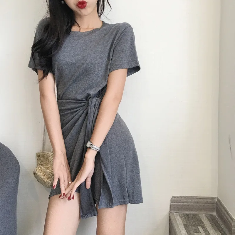 

Women Dress Short Sleeve Fashion Dress Summer Casual Loose Lace Up Irregular Sexy Dress
