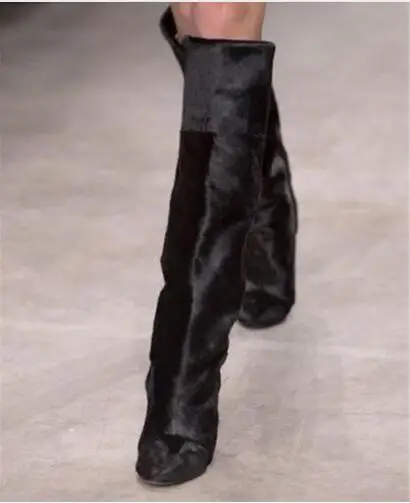 Fashion Patchwork Horse Hair Hidden Wedge Knee Boots Pointy Toe Slip On  Women knight Botas Mujer Black Horsehair Long Boots