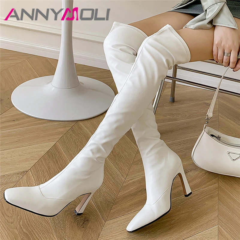 

Женские сапоги выше колена ANNYMOLI, на тонком очень высоком каблуке, с квадратным носком, со складками, черные, белые, для осени и зимы