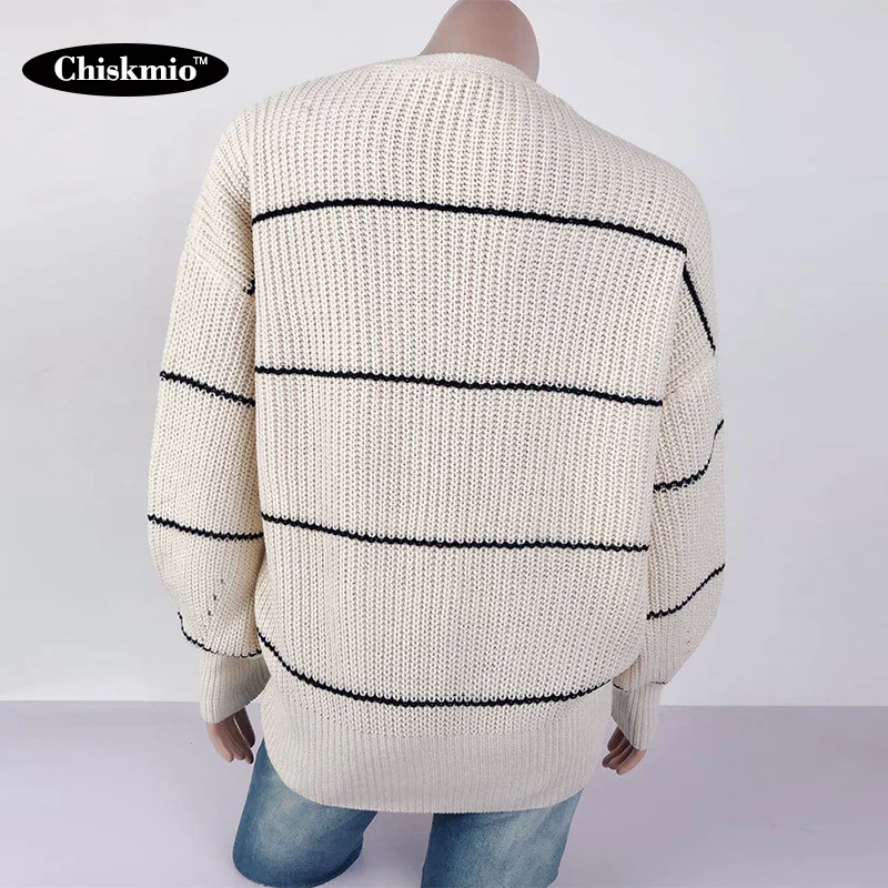 

Chiskmio Striped Cardigan Women Sweater Loose Long Sleeve V-neck Knitted Outwear Ladies Knitting Cardigan Sweaters Autumn Winter