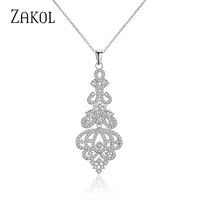 zakol vintage leaf bridal wedding jewelry luxury cubic zirconia chandelier necklaces pendants for women accessories fsnp2082