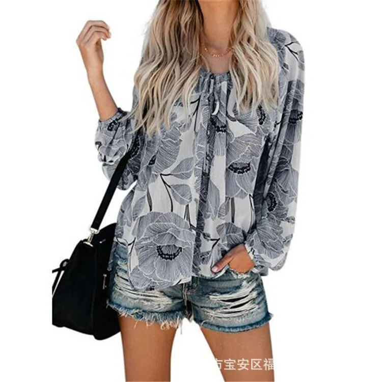 

2021 Spring Summer Loose V-neck Flower Blusas Plus Size Women Casual Long Sleeve Sun Protection Beach Womens Tops And Blouses