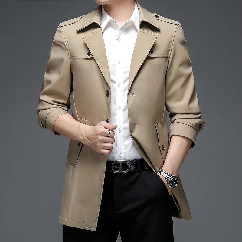 England Style Men Trench Coat Khaki Black Grey Royalblue Single Breasted Trenches Smart Casual Overcoat Male Outerwear 2022 New