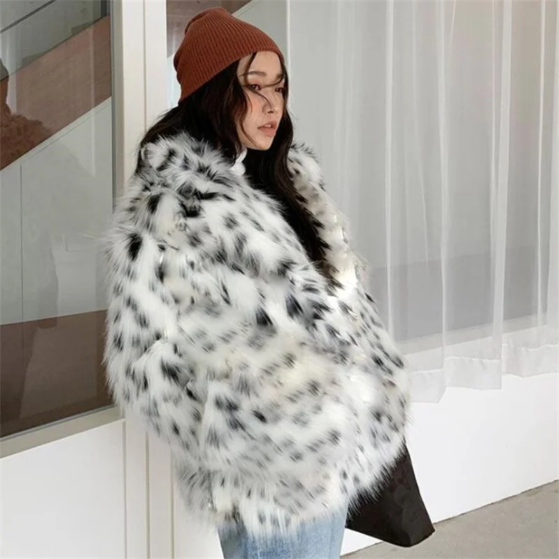 Ladies fur coat womens mid-length suit collar leopard print fox fur jackets plush windbreaker korean fashion casual veste femme