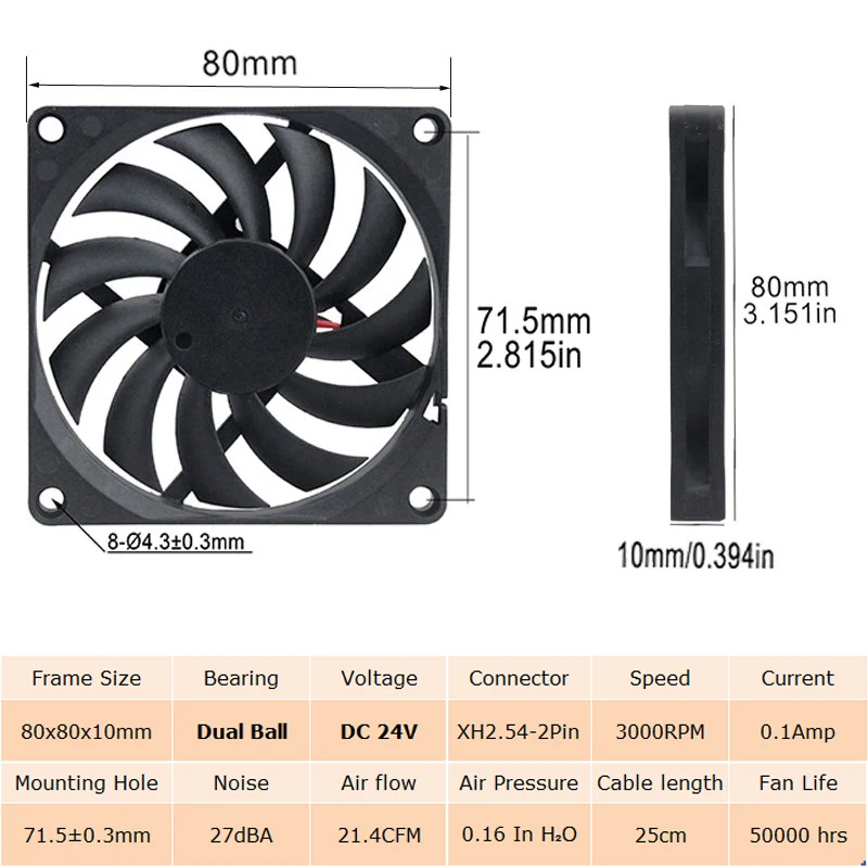 20 шт./лот GDSTIME 2 Pin 80 мм 80x80x10 8010 8 см двойной шариковый подшипник бесщеточный DC 24 В
