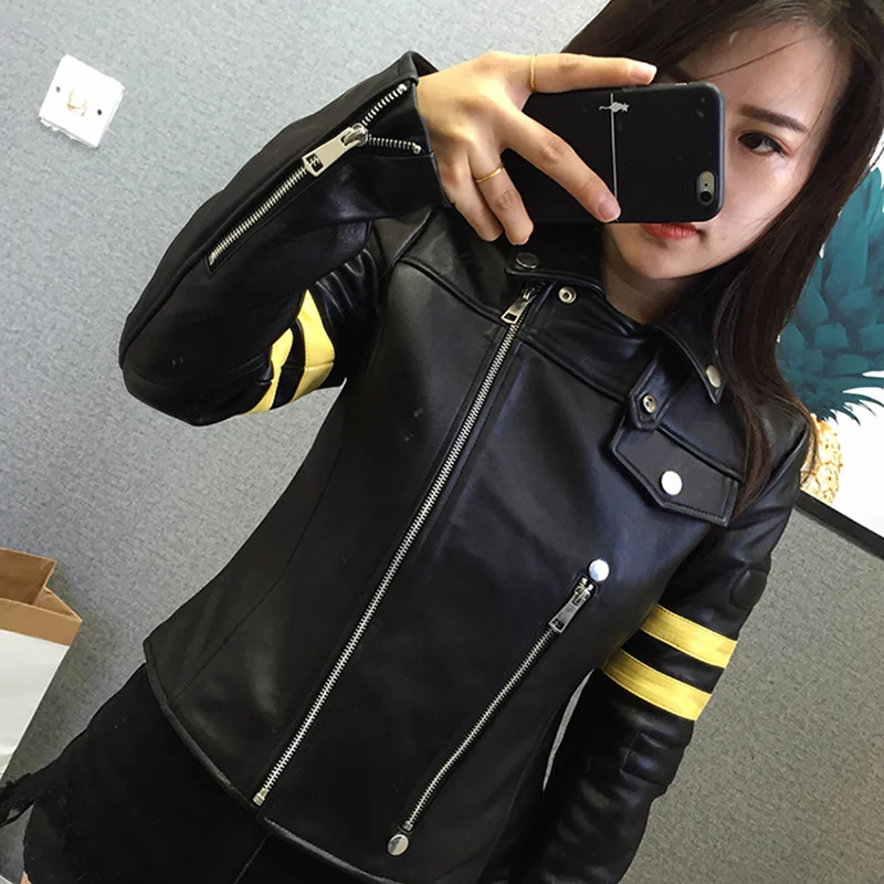 New Quality Autumn High Female Genuine Leather Jacket Short Coat Star Same Paragraph Sheepskin Women Motorcycle Biker YR692 | Женская