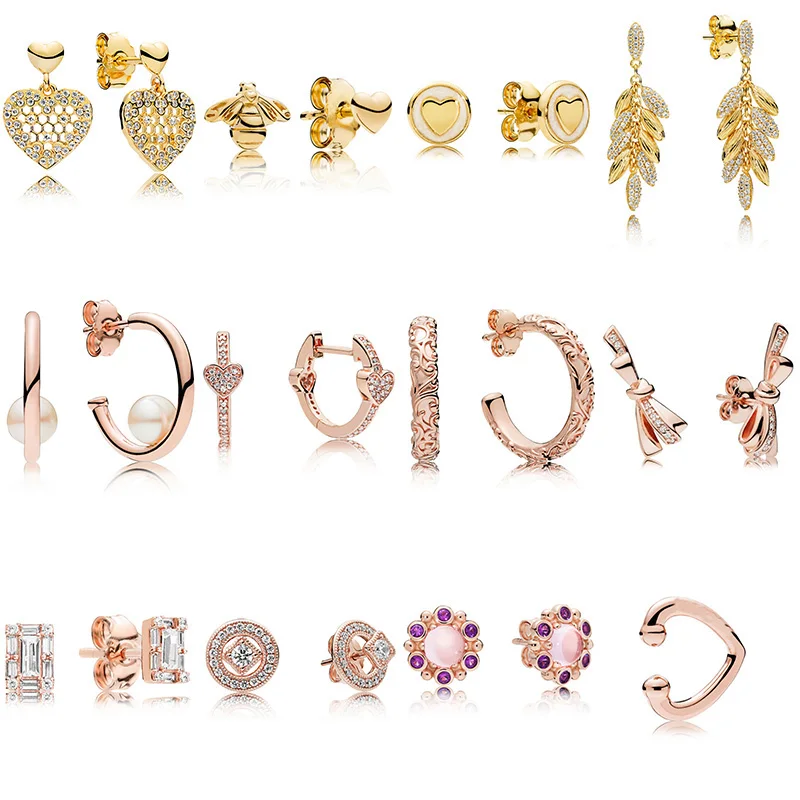 

12 Style 925 Sterling Silver Ear Studs Bee Love Pearl Crystal Diy High Quality Earrings for Women Wedding Jewelry