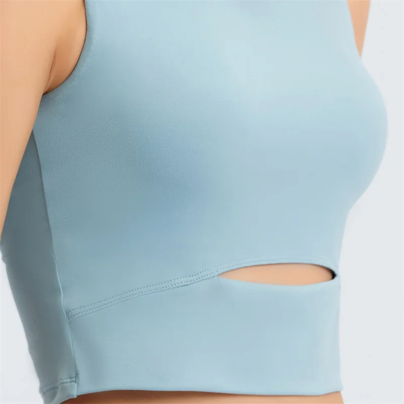 Nepoagym MIND Women Brushed Waist Cutout Crop Tank Tops with Built In Bra Longline Padded Sports Bra Medium Support