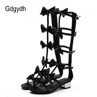 gdgydh knee high gladiator sandals sexy back zipper bow knot sandals for women cut out ankle strap rome sandal low thick heel